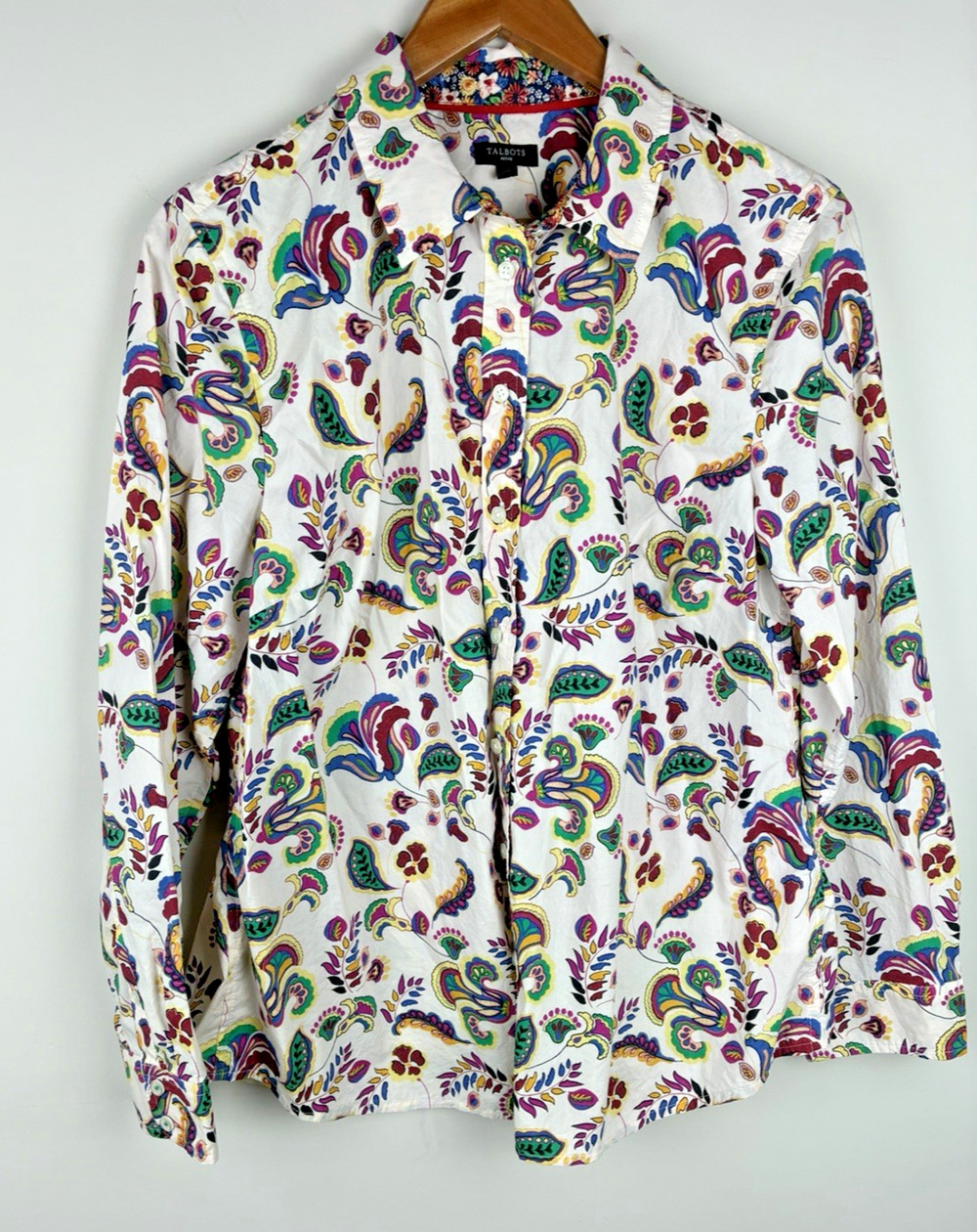 Talbots Petite LP Large Paisley Floral Cotton Button Down Shirt Multicolor Boho